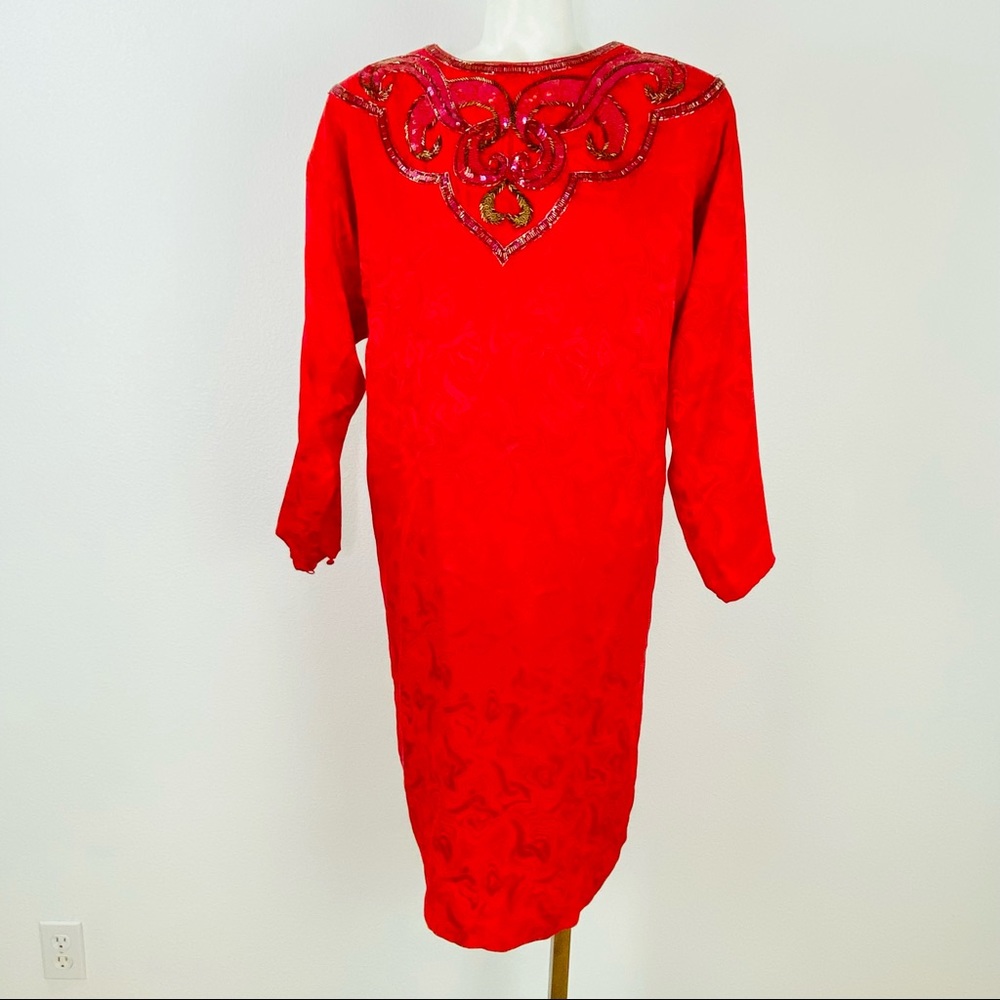 ANNE FRENCH SEQUIN BEADED SILK RED DRESS SIZE 10.